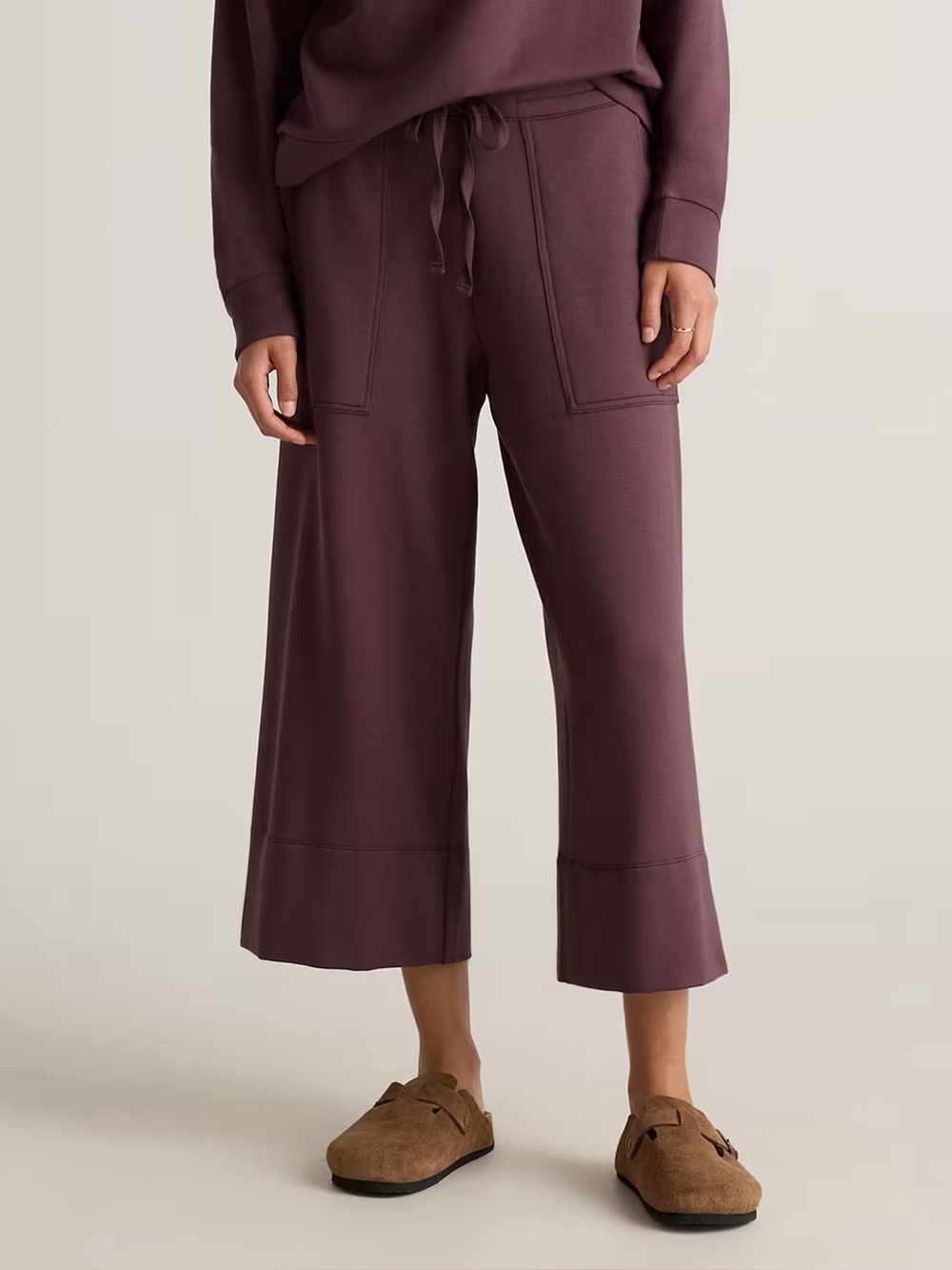 Quince Super Soft Fleece Cropped Wide Leg Pants in Dried Fig Size XS High Waist